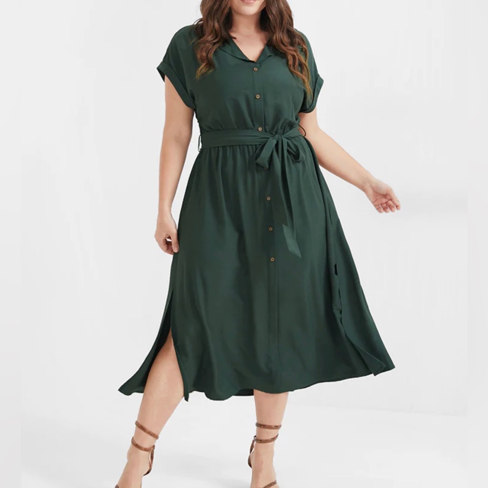 Solid Button Cuffed Sleeve Belted Split Midi Dress